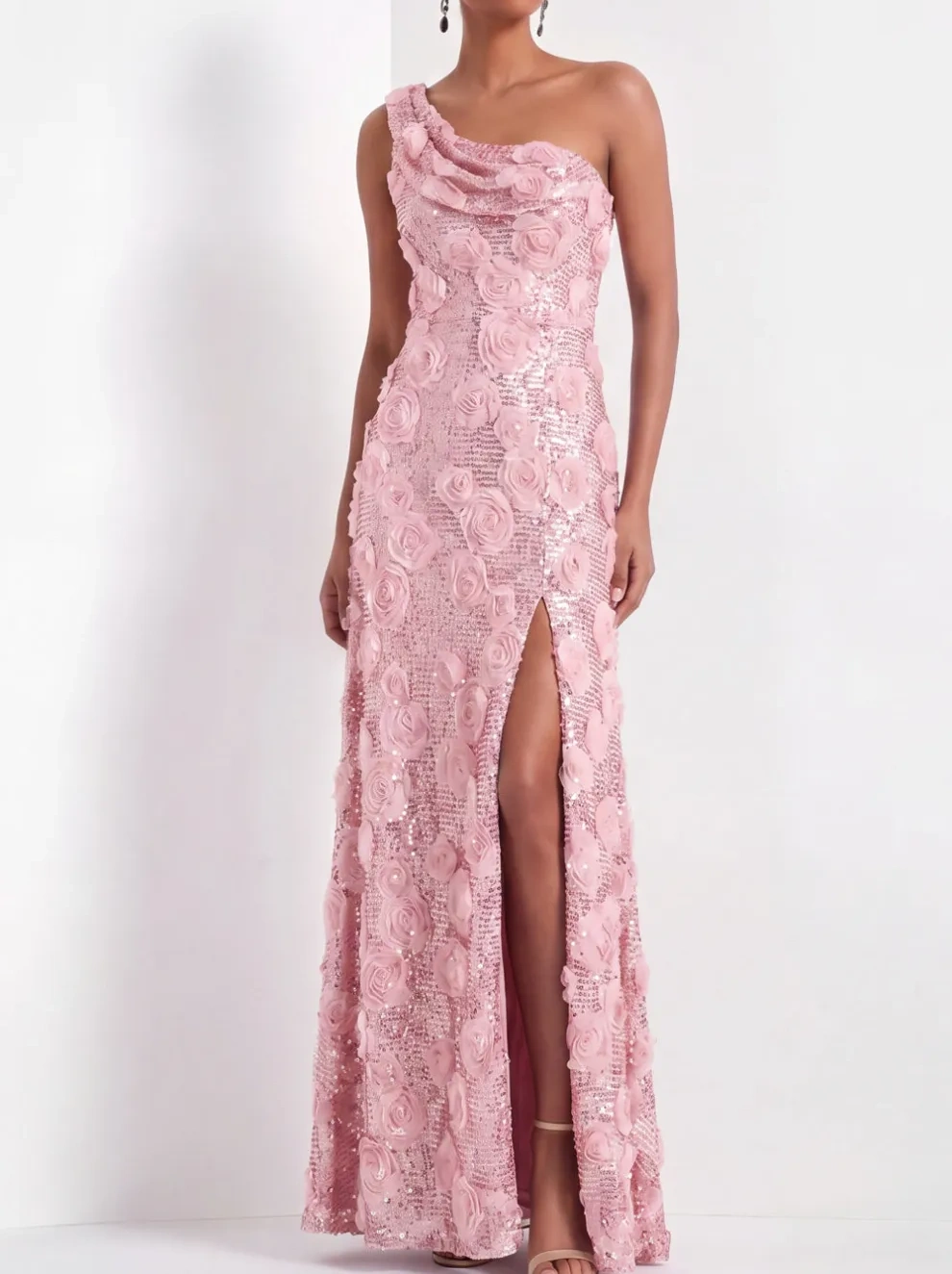 Pink Floral One Shoulder Sparkly Sequined Long Formal Dress with Slit