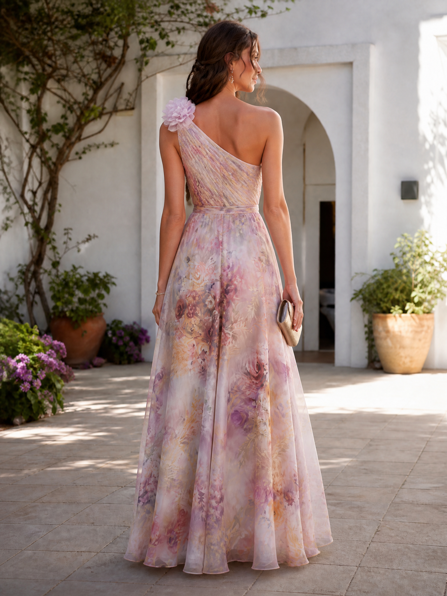 Pastel Floral One-Shoulder A-Line Maxi Gown Dress with 3D Flower Accent
