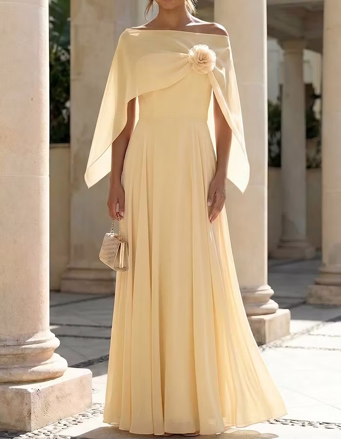 Blush Pink Off-Shoulder Capelet Chiffon Maxi Dress