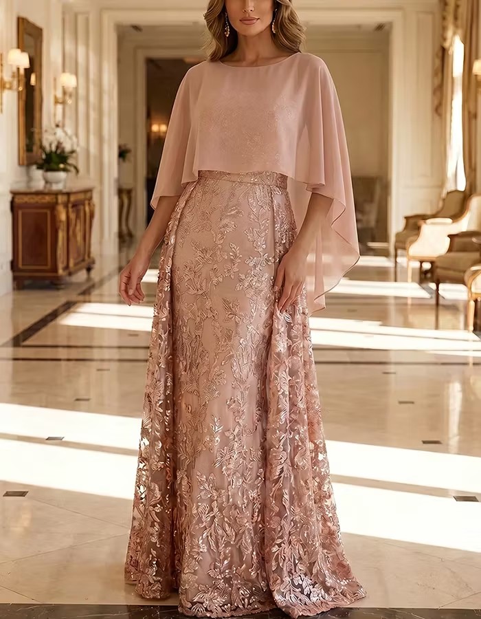 Pink Round Neck Cape Overlay Floral Sequin Lace Maxi Dress