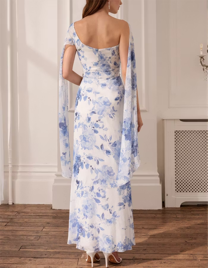 Blue And White One-Shoulder Floor-Length Maxi Dress