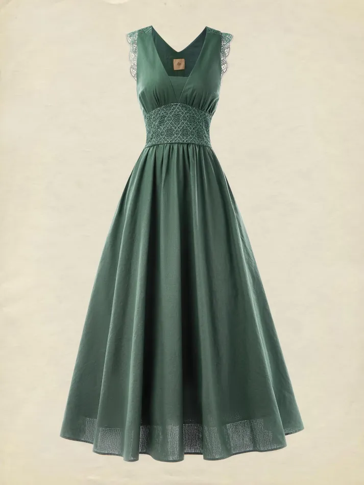 Linen Maxi Dress, Sleeveless, V neck, Plain, Vintage, Cyan