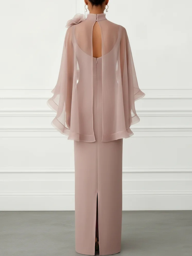 Nudepink 3D Floral Mesh Classic Mock Neck Half Sleeve Sheath Floor-length Gown Dress