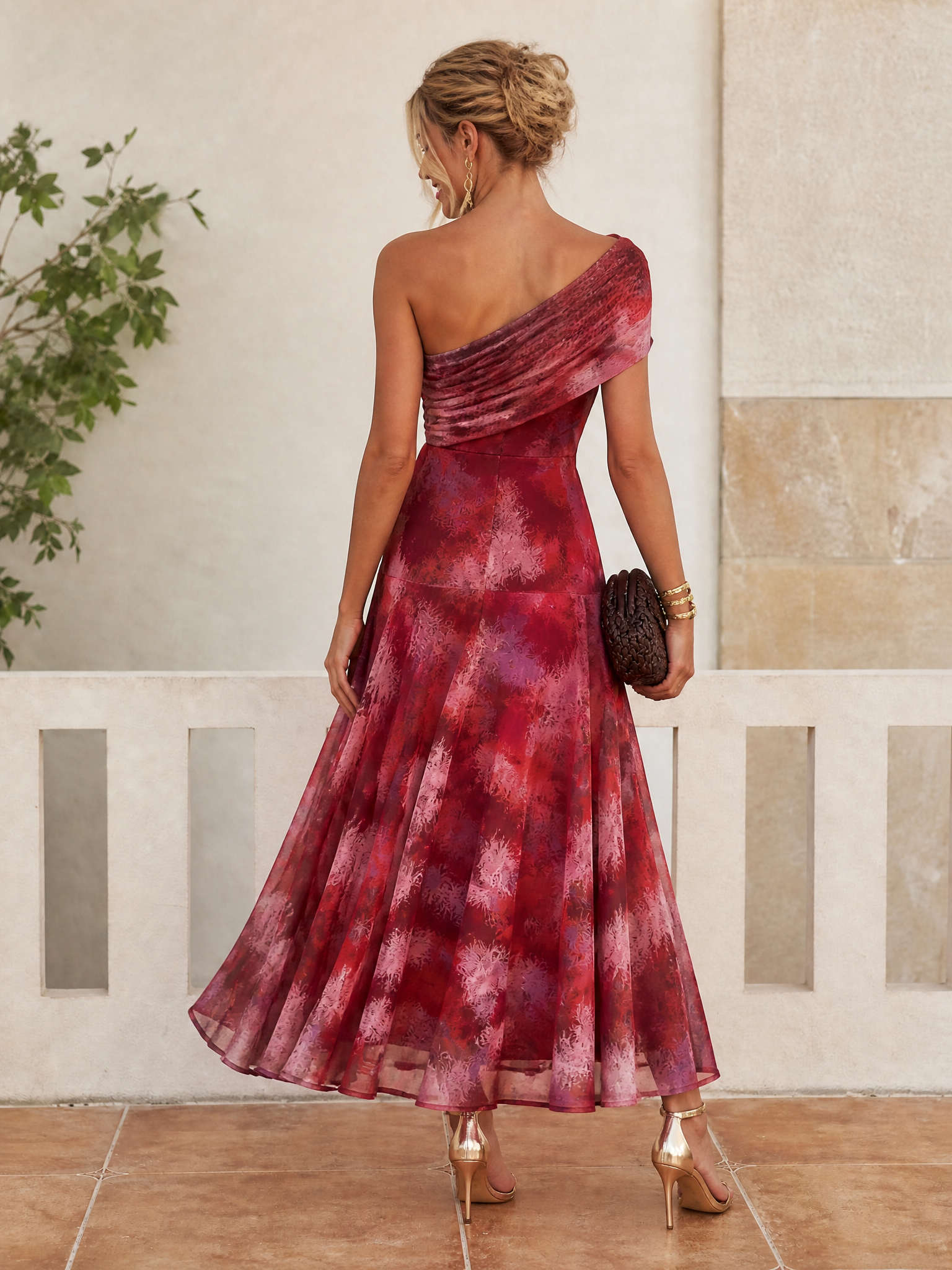 Burgundy Floral One-Shoulder A-Line Maxi Gown Dress