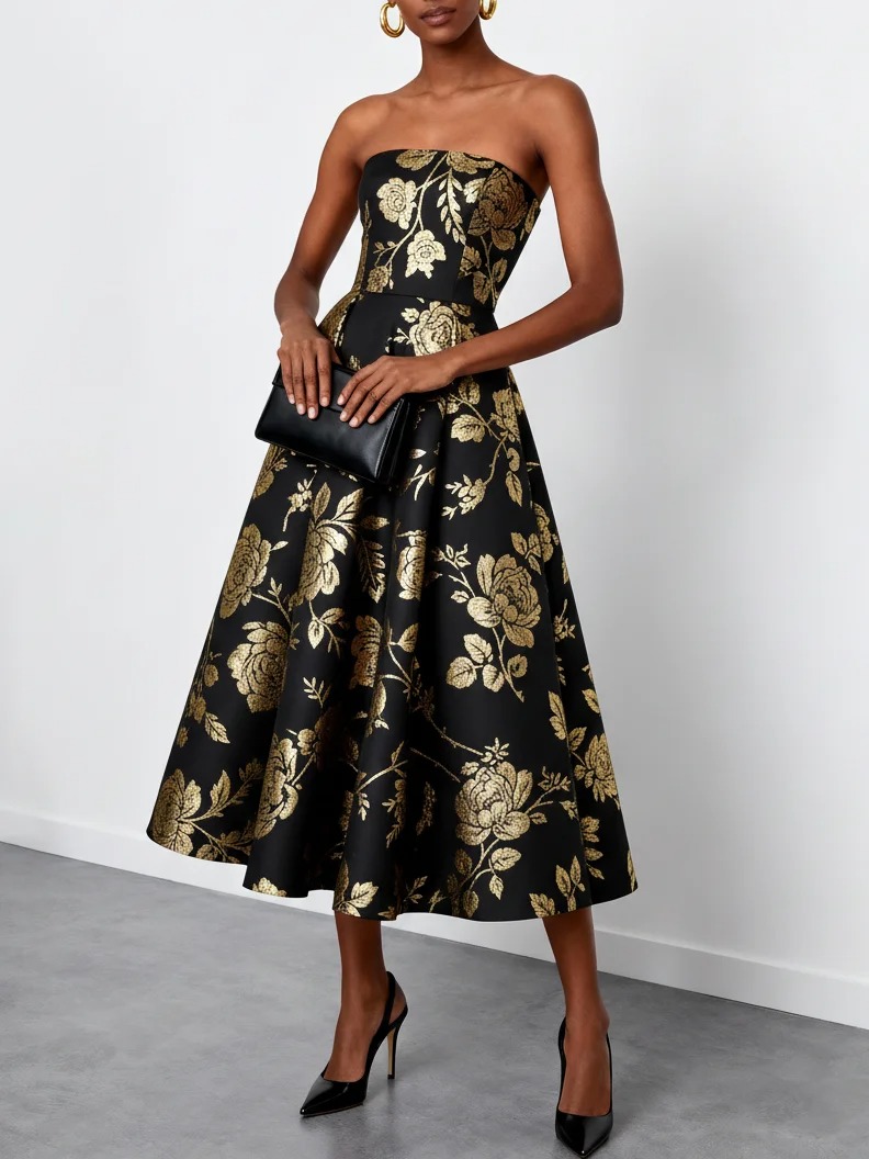 Black Stamped Bronzing Floral Classic Strapless Sleeveless A-Line Midi Dress