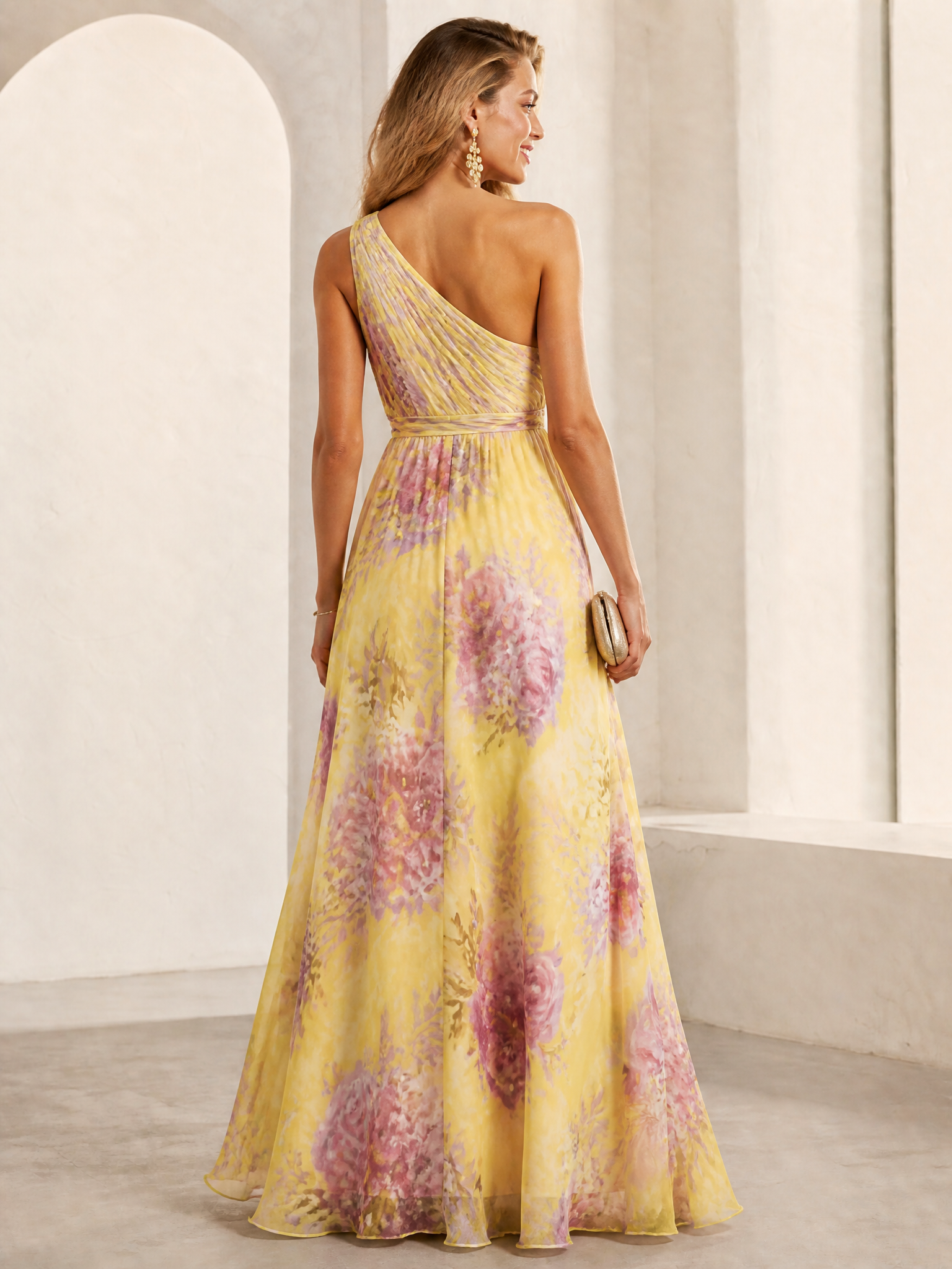 Ethereal Yellow Floral One-Shoulder A-Line Maxi Gown Dress with 3D Flower Accent