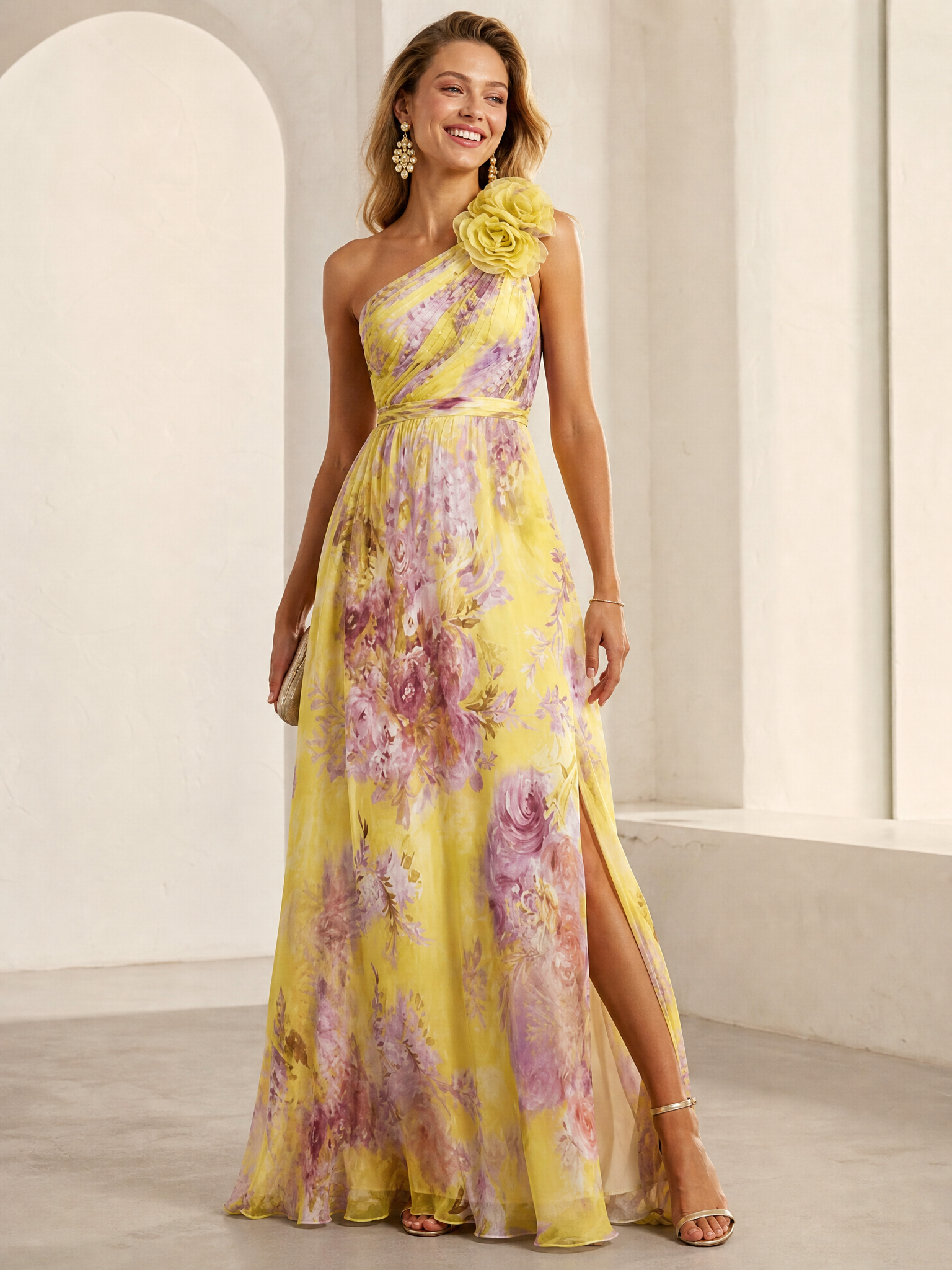 Ethereal Yellow Floral One-Shoulder A-Line Maxi Gown Dress with 3D Flower Accent