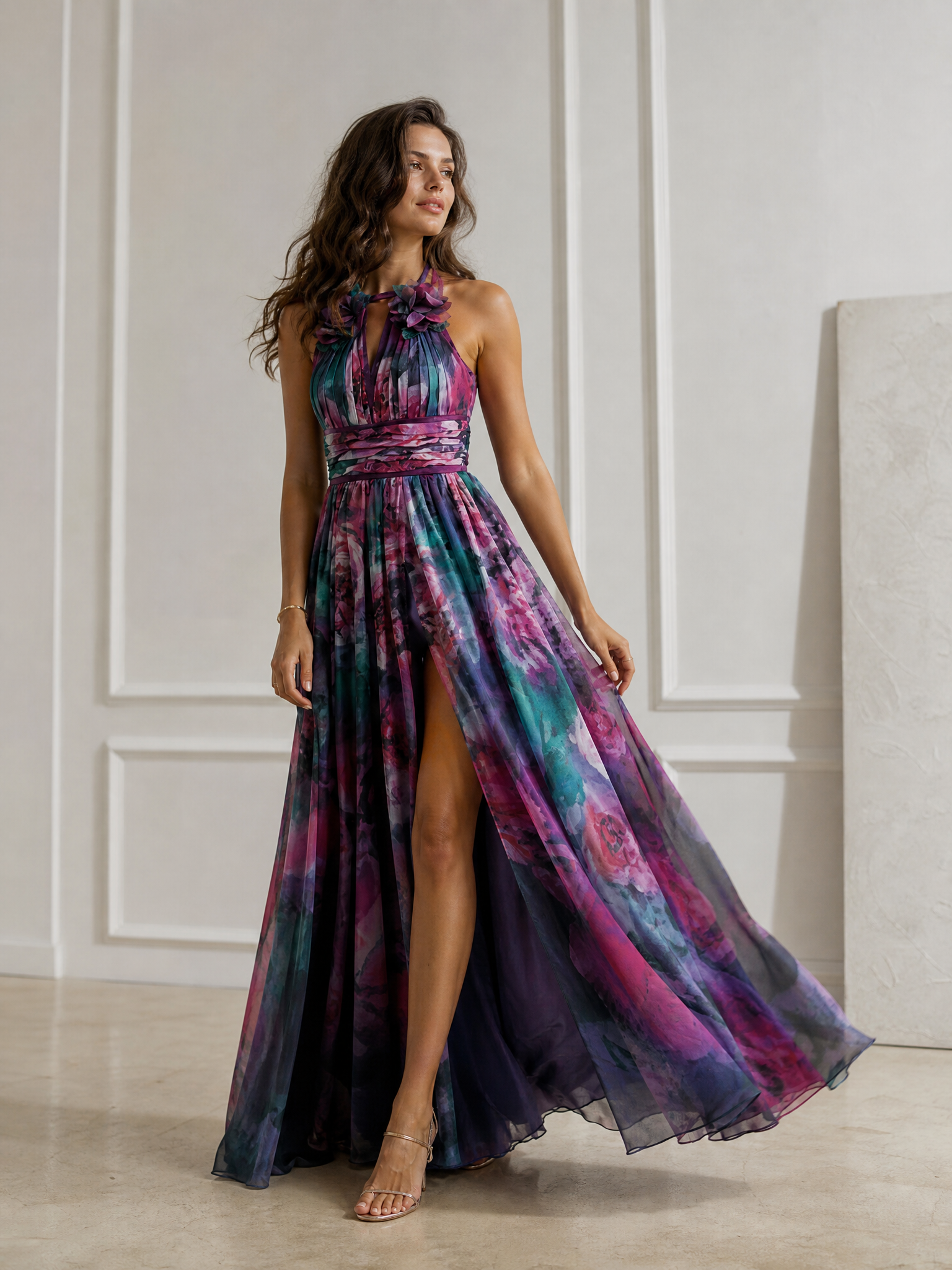 Jewel-Tone Floral Halter Maxi A-Line Gown Dress with 3D Flower Accent