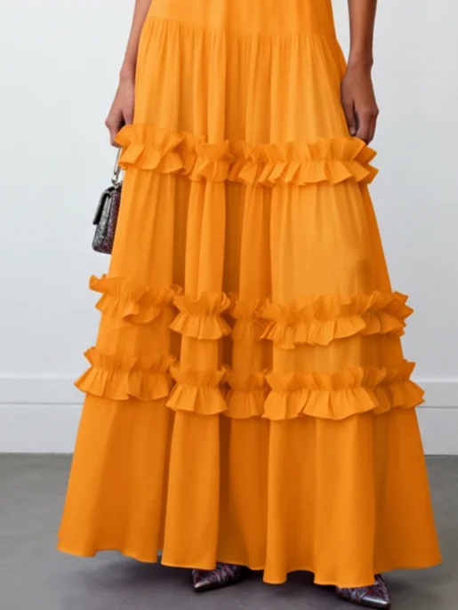 Orange Ruffled Chiffon Halter Sleeveless A-Line Maxi Dress