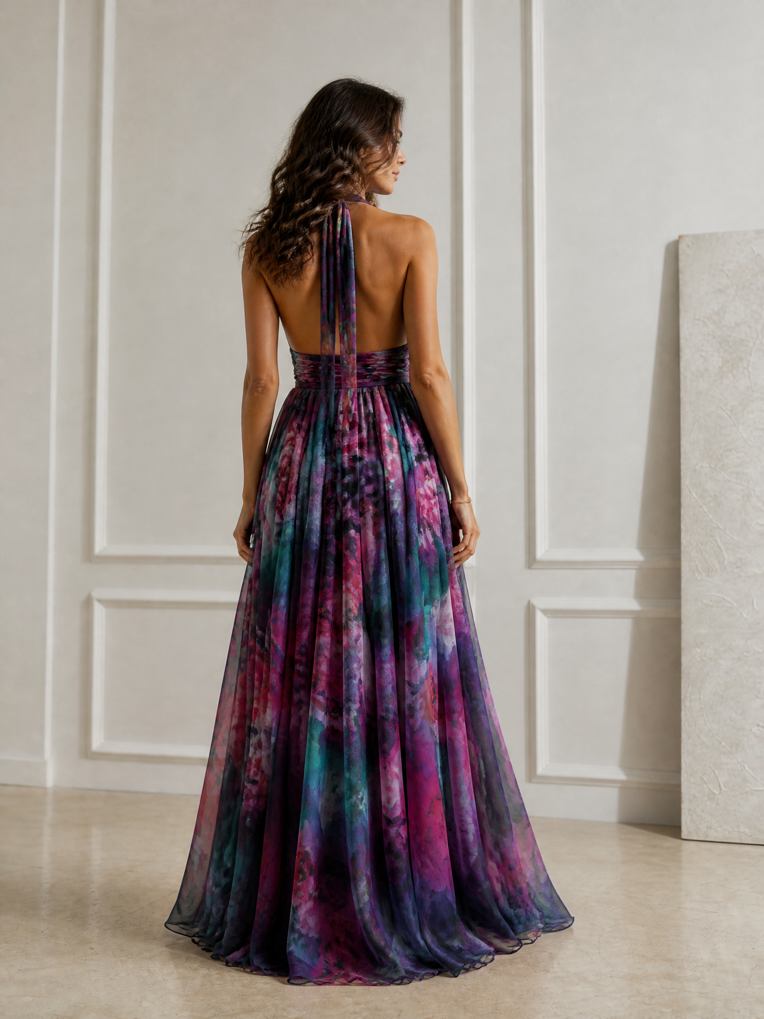 Jewel-Tone Floral Halter Maxi A-Line Gown Dress with 3D Flower Accent