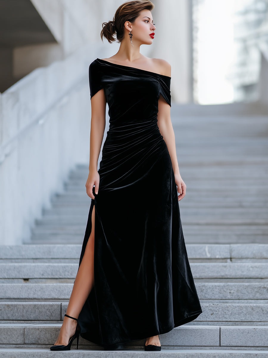 Asymmetric One-Shoulder Velvet Gown With Ruched Detailing