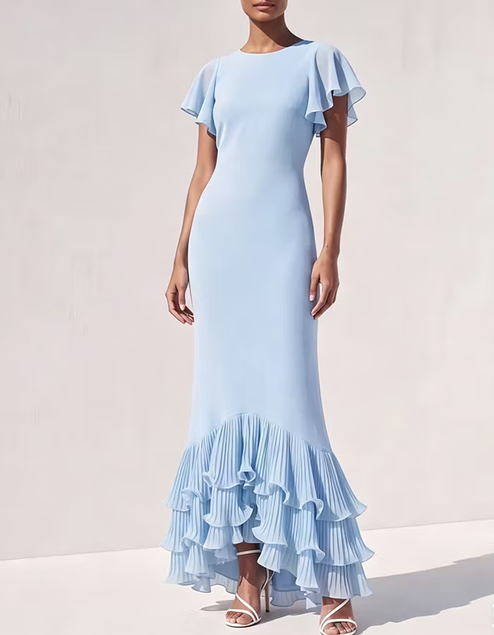 Light Blue Chiffon Round Neck with Ruffle Hem Maxi Dress