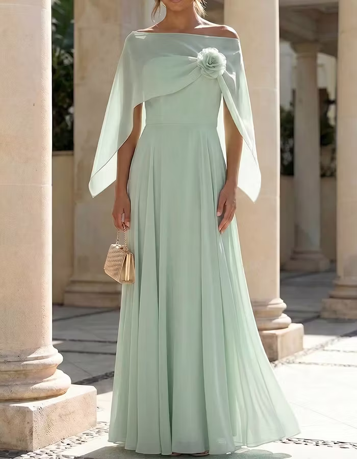 Blush Pink Off-Shoulder Capelet Chiffon Maxi Dress