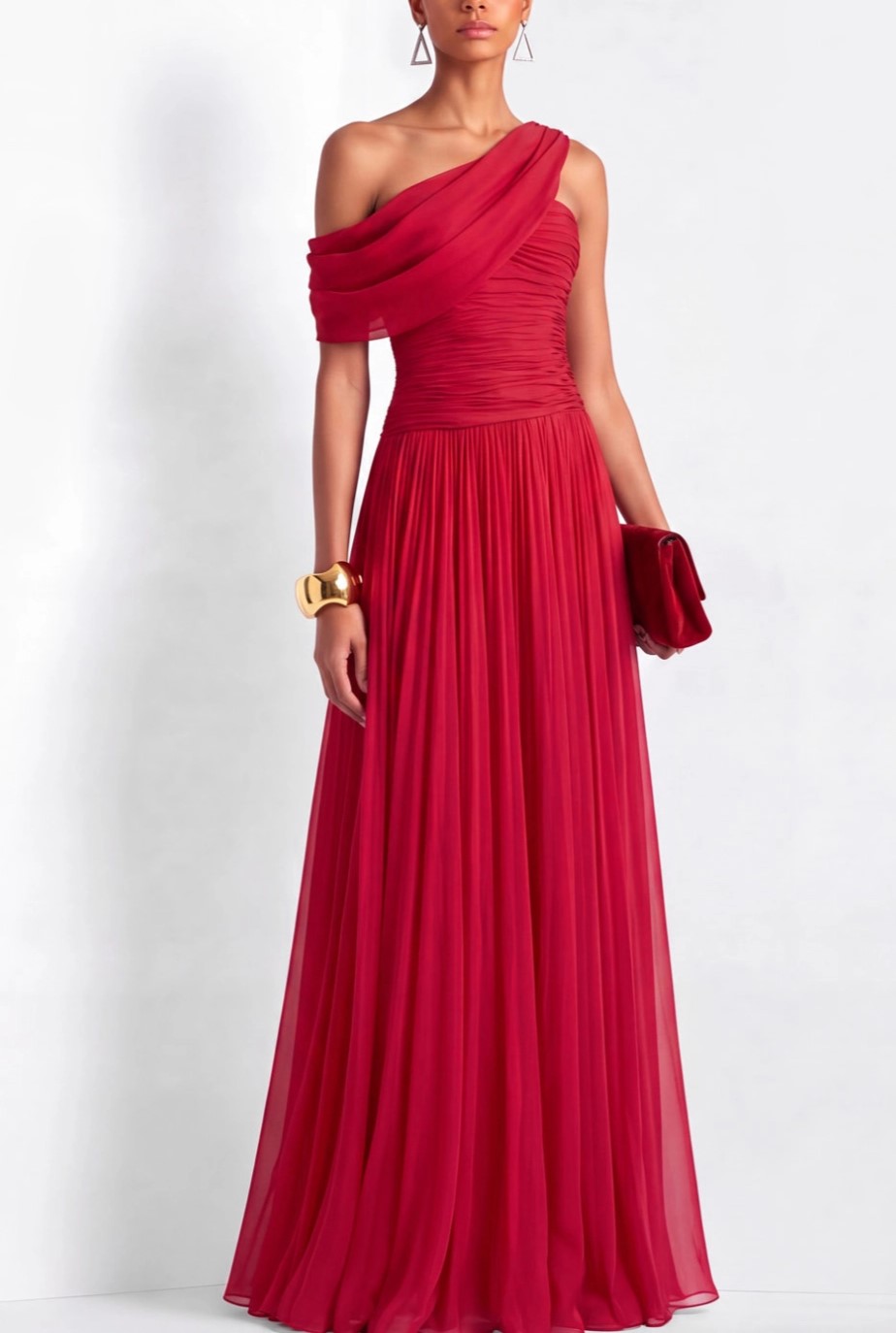 Red Off The Shoulder Pleated Chiffon Maxi Dress