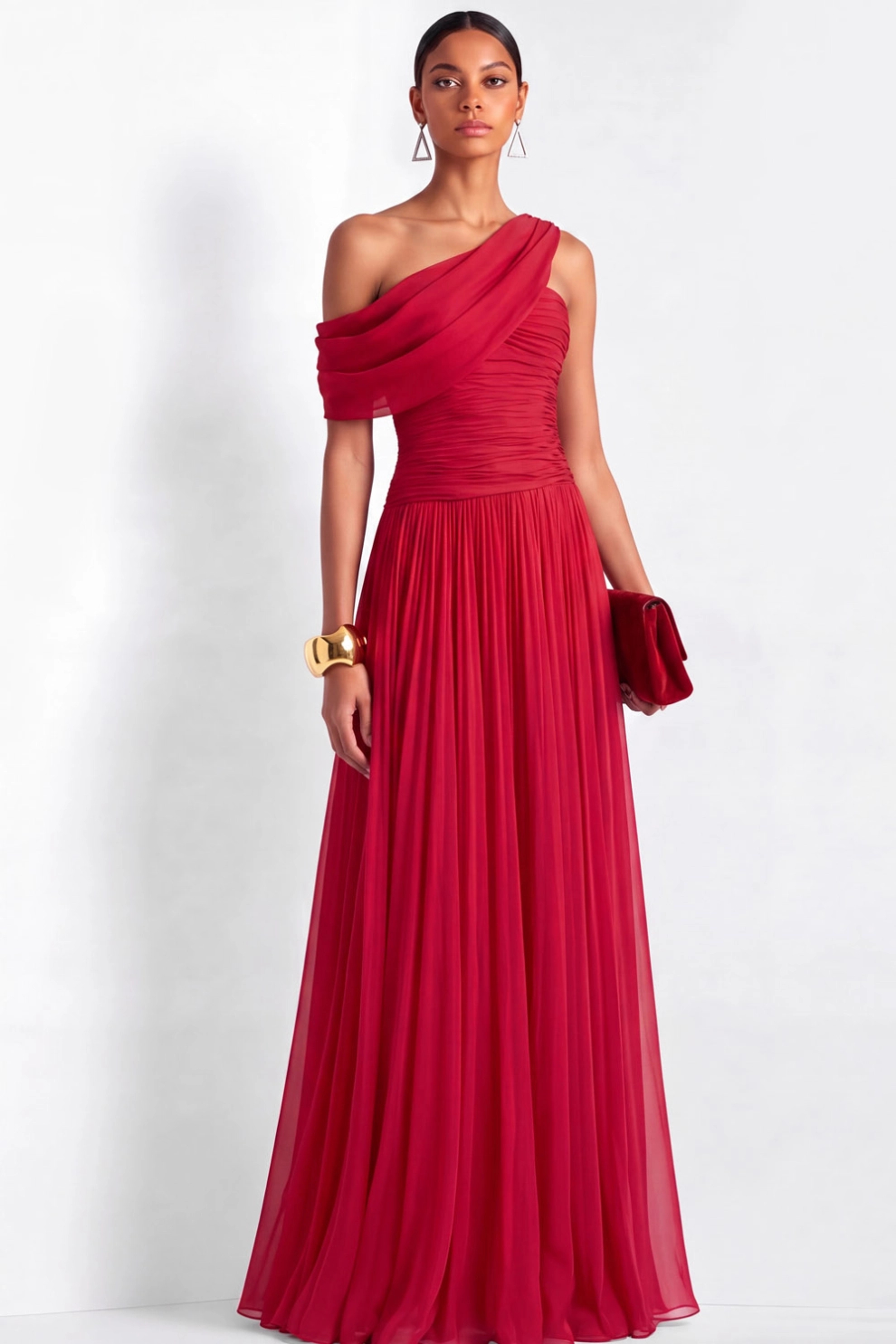 Red Off The Shoulder Pleated Chiffon Maxi Dress