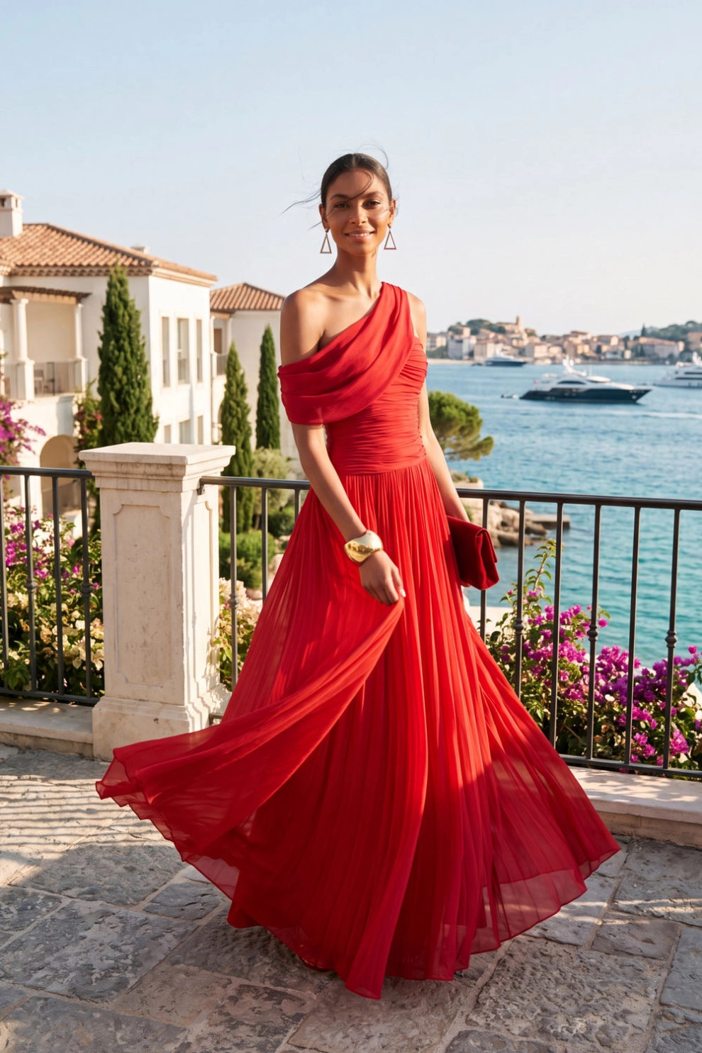 Red Off The Shoulder Pleated Chiffon Maxi Dress
