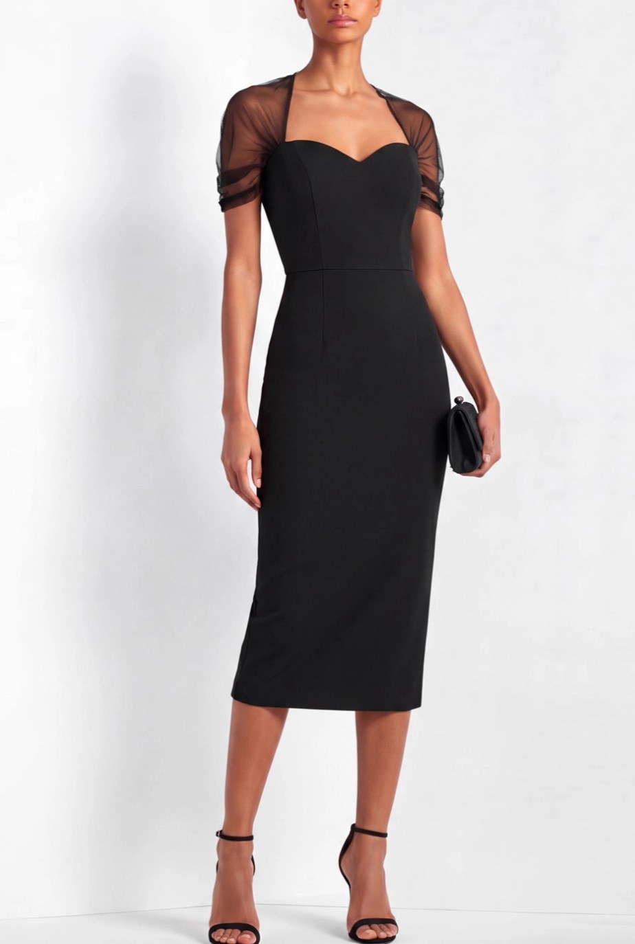 Black Tulle Sweetheart Neckline Short Sleeves Midi Dress