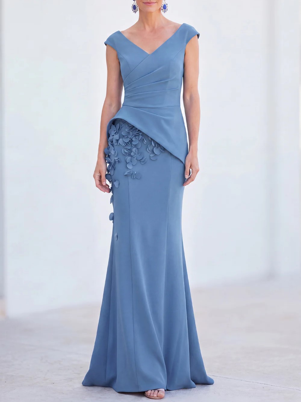 V-Neck Ruched Mermaid 3D Flowers Maxi Dress