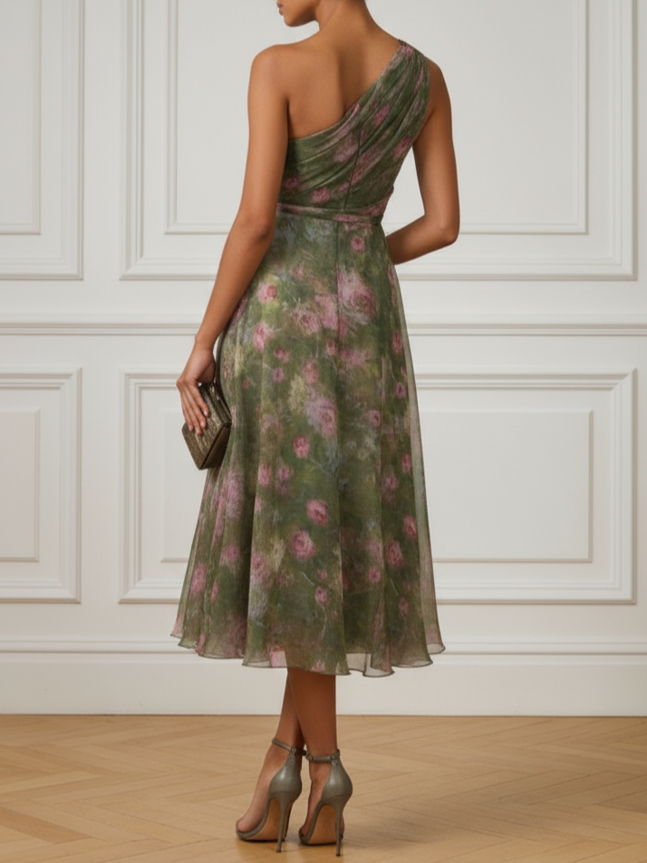Green Floral One Shoulder Tie Waist Flared Midi Dress