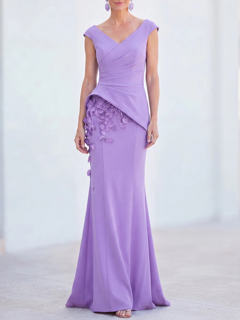 V-Neck Ruched Mermaid 3D Flowers Maxi Dress