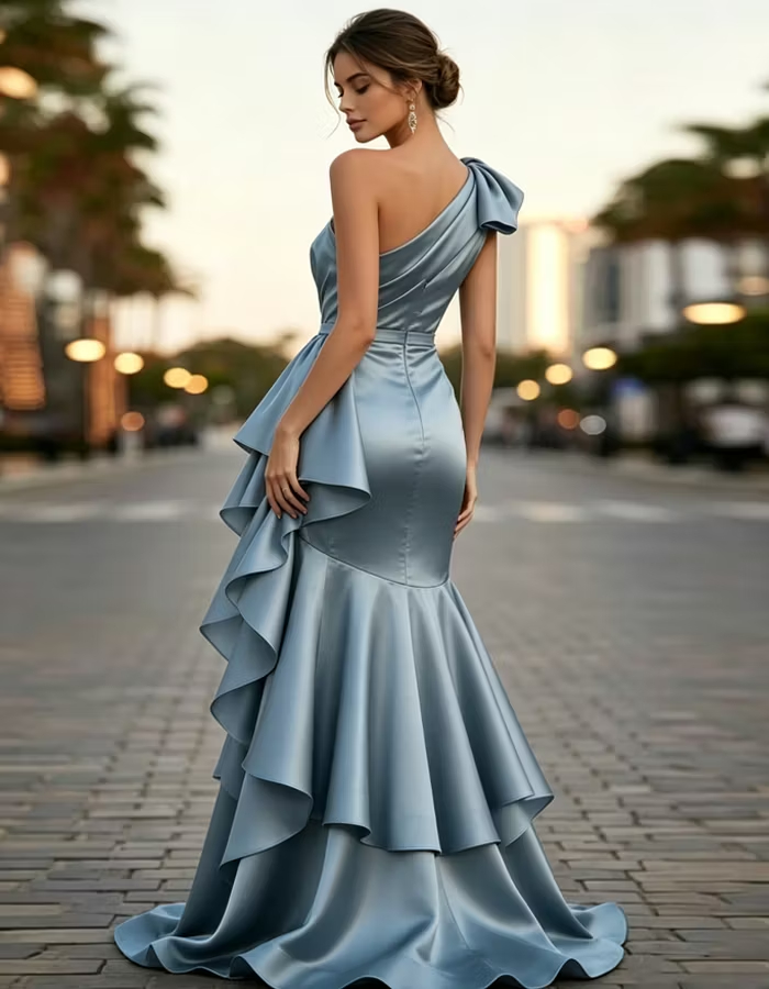 Multi-colored Satin One-shoulder Maxi Dress