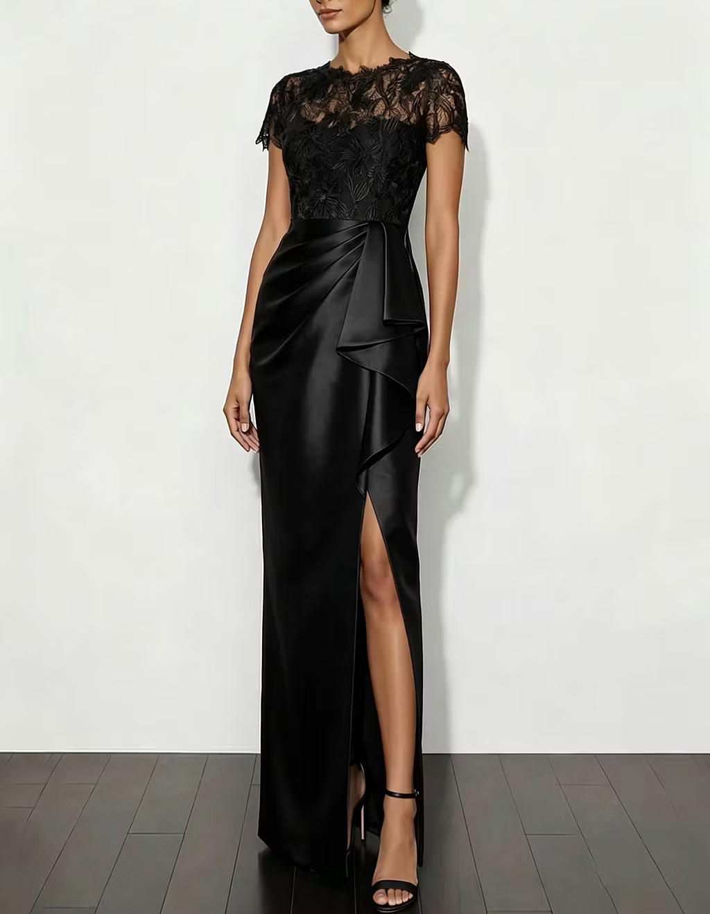 Lace Satin Round Neck Fishtail Slit Maxi Dress