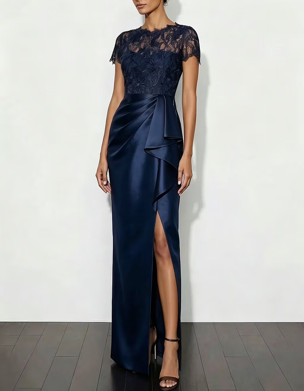 Lace Satin Round Neck Fishtail Slit Maxi Dress