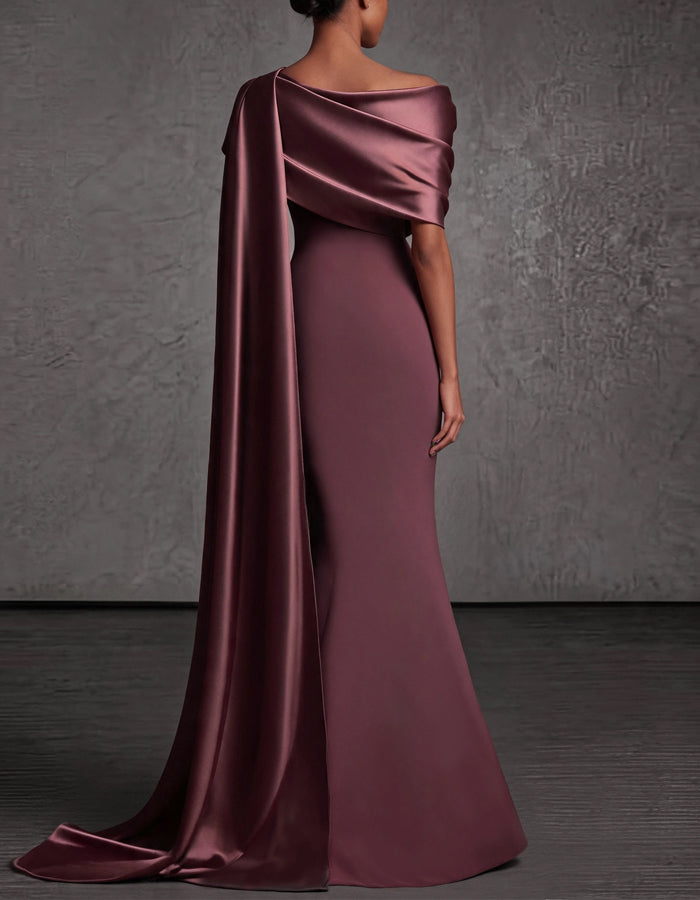 Reddish Brown Satin Asymmetrical Shawl Sleeves Maxi Dress