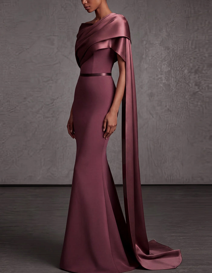Reddish Brown Satin Asymmetrical Shawl Sleeves Maxi Dress