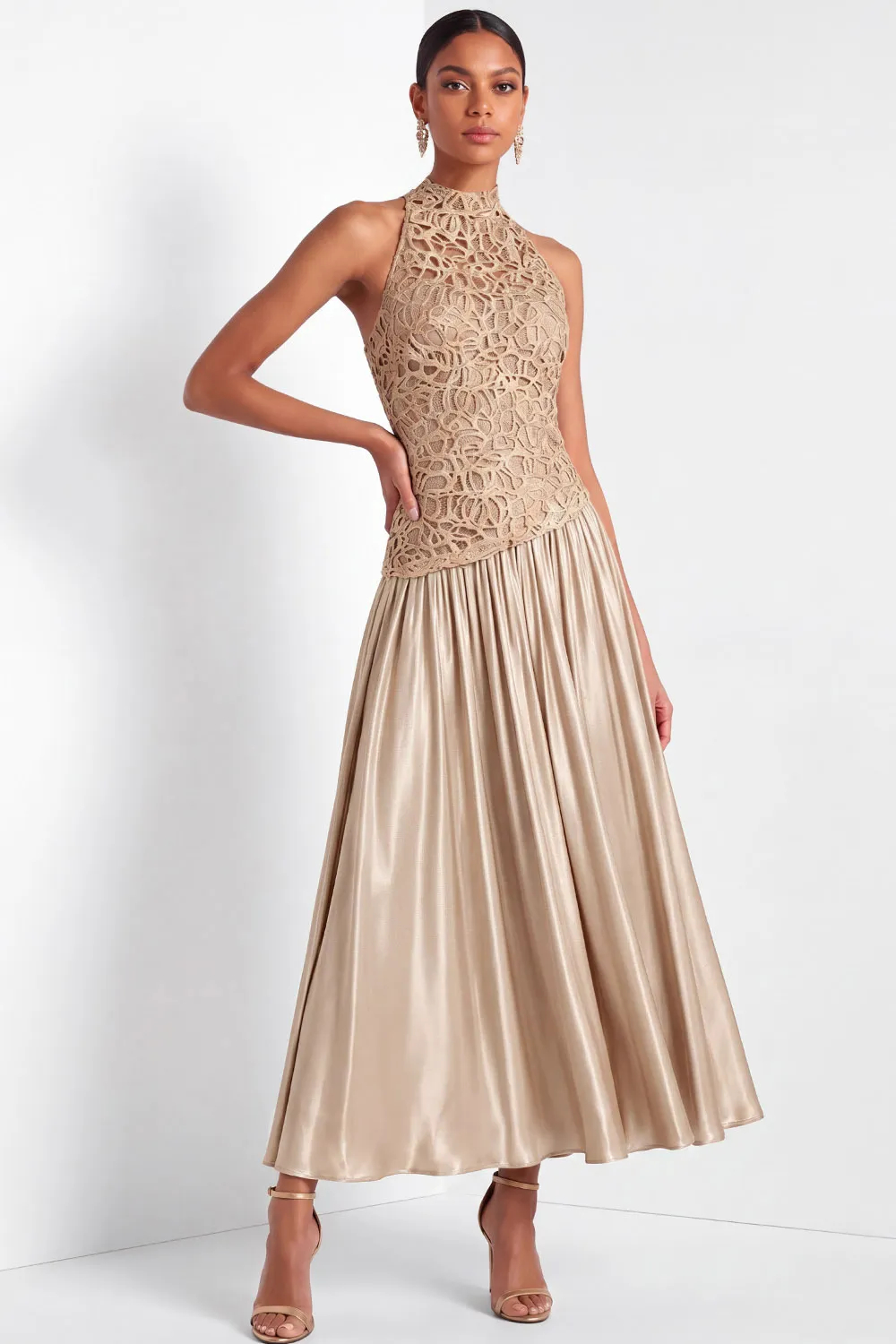 Champagne High Neck A-Line Satin Maxi Dress