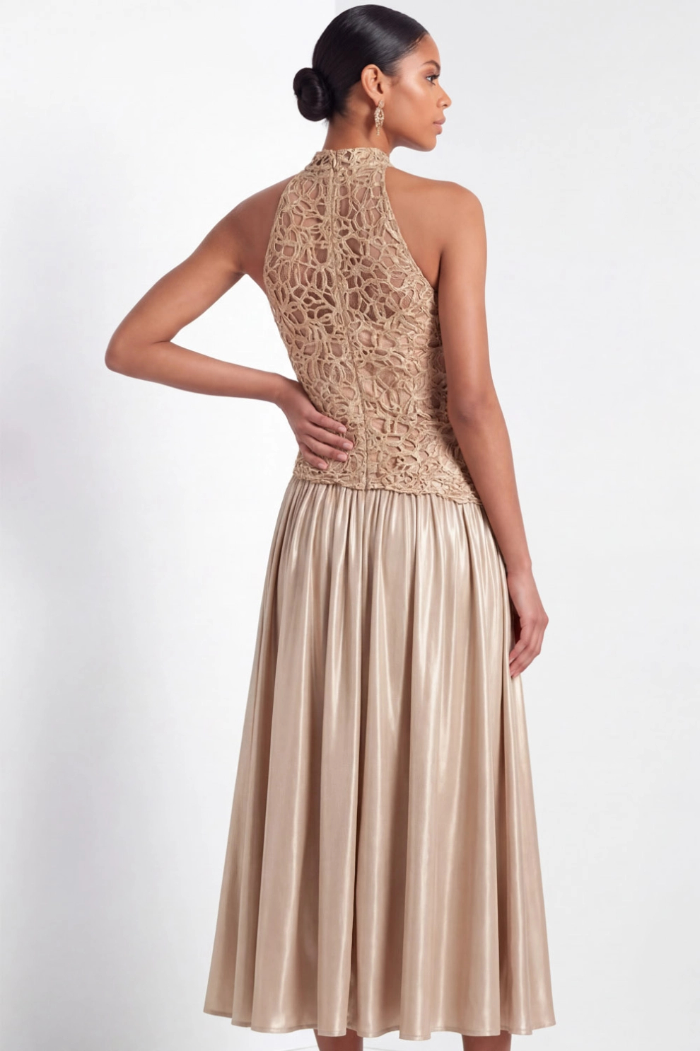 Champagne High Neck A-Line Satin Maxi Dress