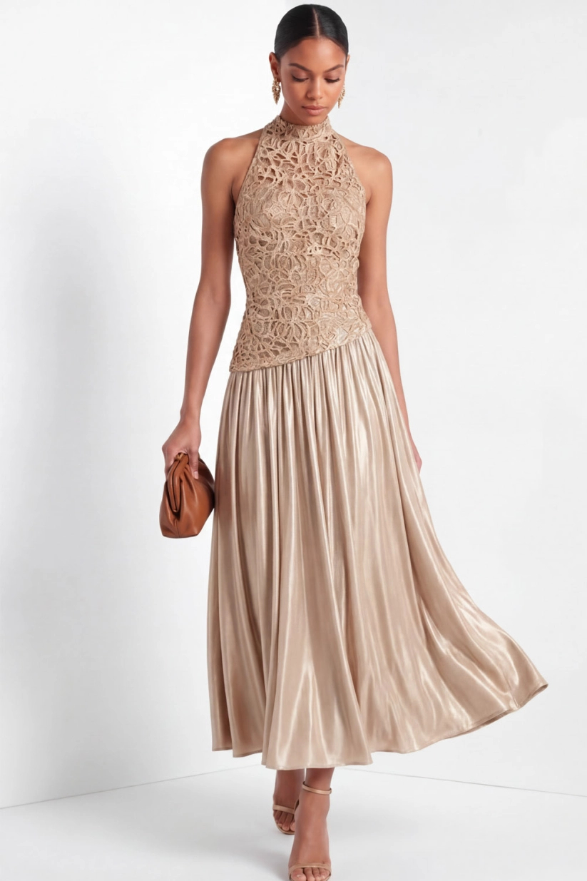 Champagne High Neck A-Line Satin Maxi Dress
