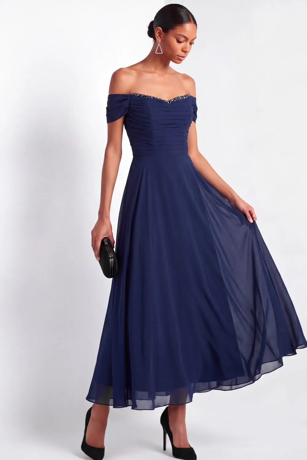Sequin Off Shoulder A-Line Chiffon Maxi Dress
