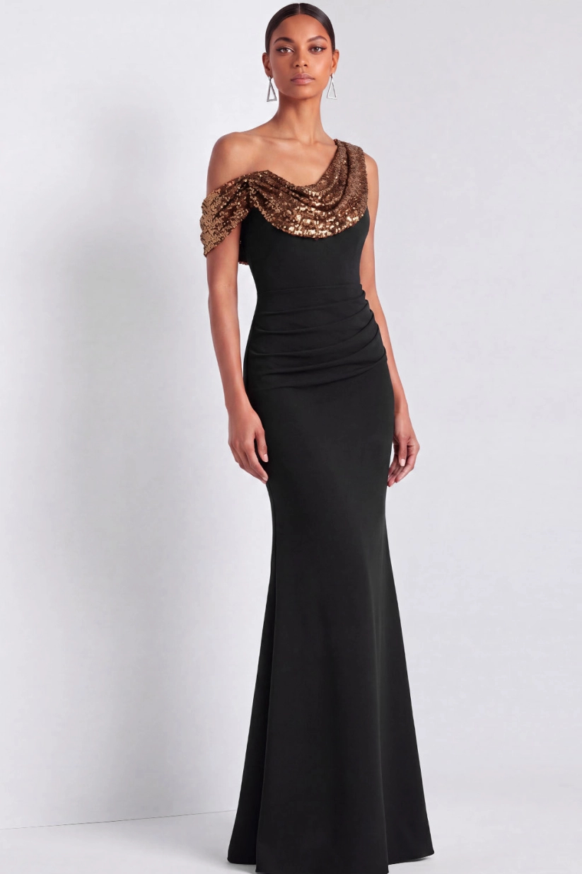 Black Sequin Cowl Neck Mermaid Maxi Dress