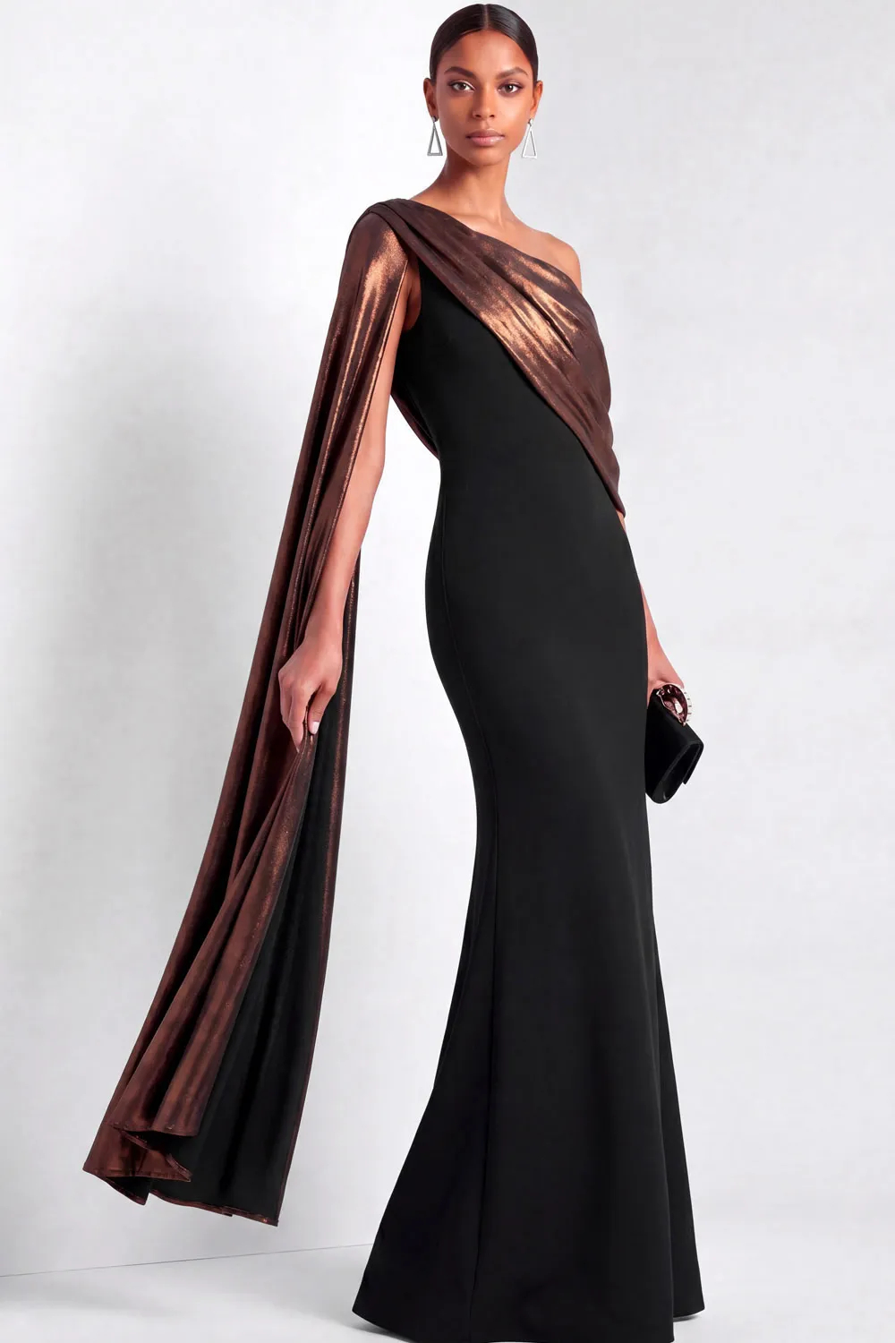 Black One Shoulder Metallic Mermaid with Sash Maxi Dress