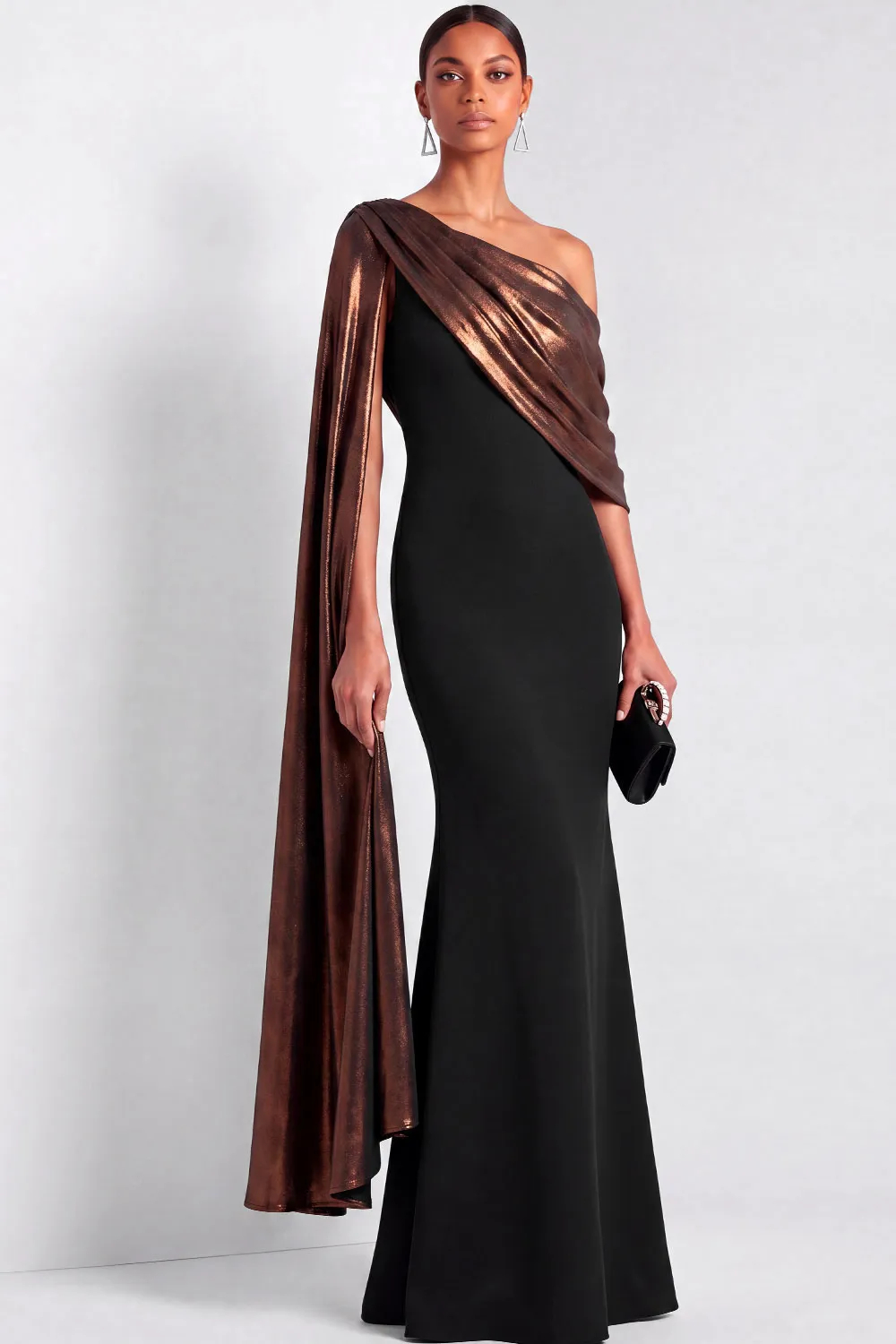 Black One Shoulder Metallic Mermaid with Sash Maxi Dress