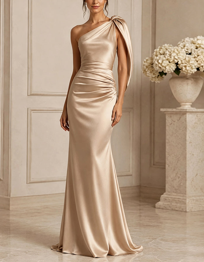 Champagne Satin One Shoulder Maxi Dress