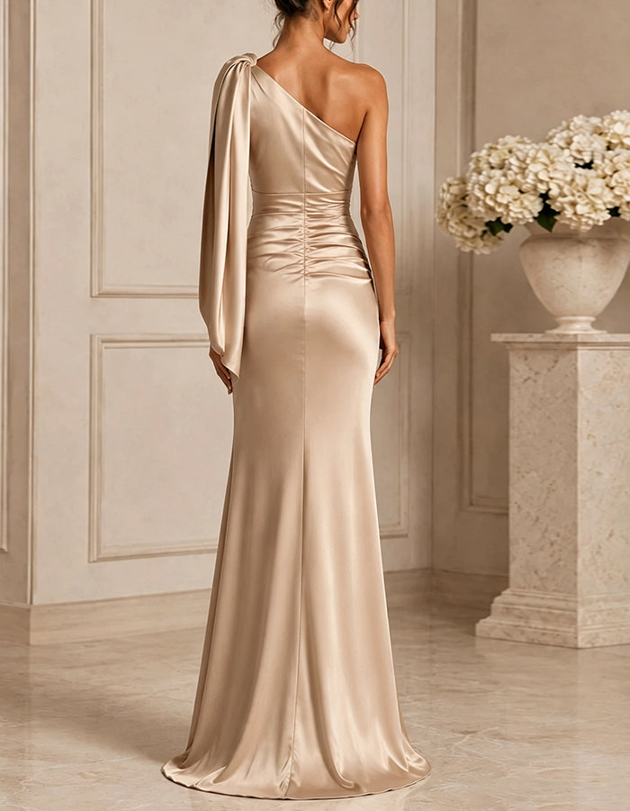 Champagne Satin One Shoulder Maxi Dress