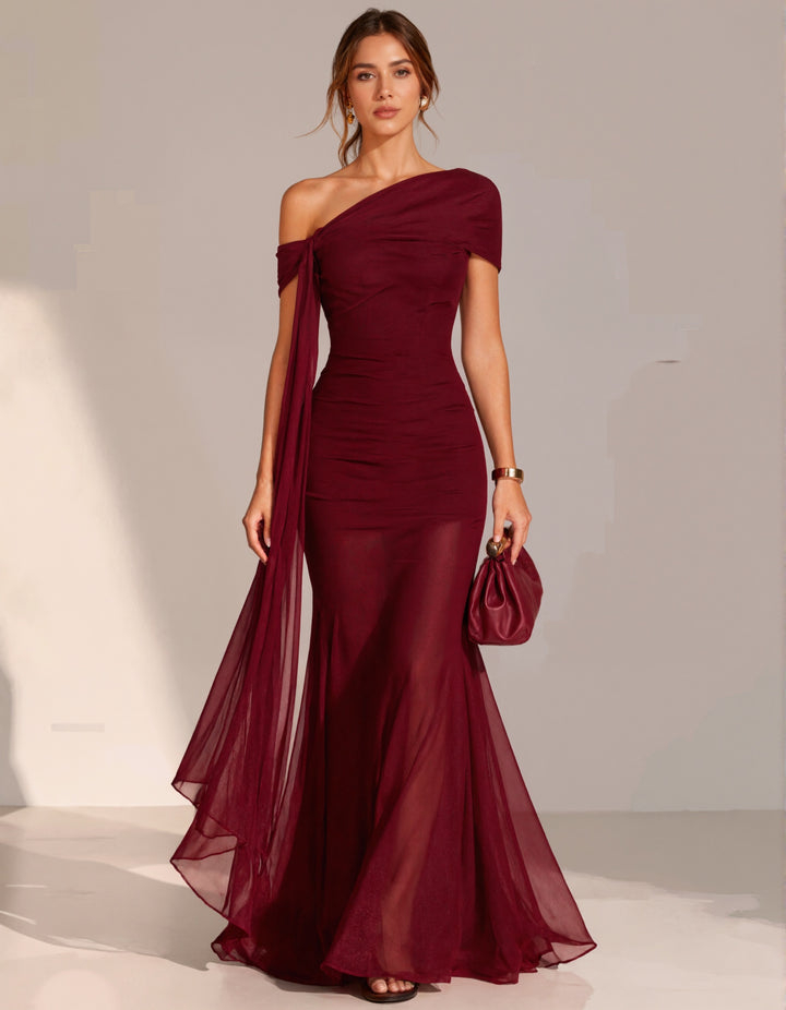 Burgundy Chiffon One Shoulder Short Sleeved Draped Maxi Dress