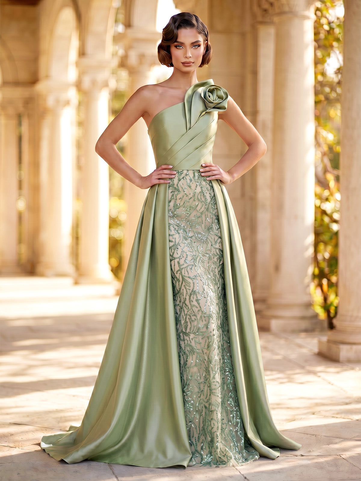 Sheath Beaded Embroidery With Overskirt Zipper 3D Flower Maxi Dress