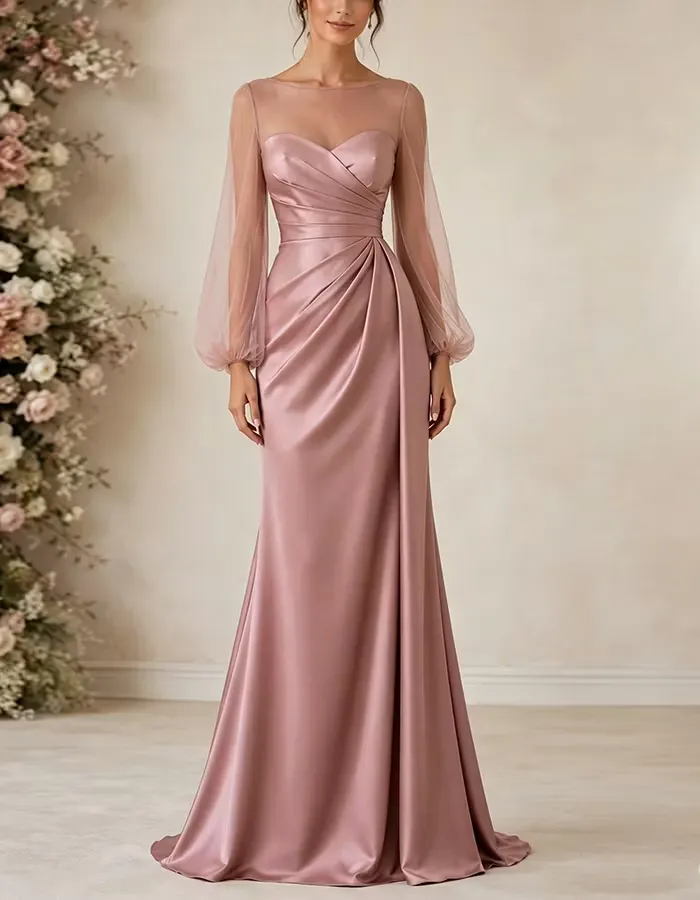 Pink Round Neck Satin Tulle Puff Sleeves Maxi Dress