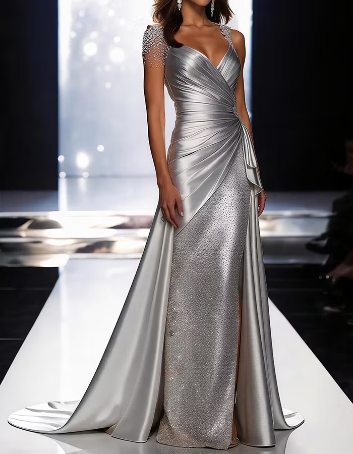 Silver Grey Deep V-Neck Draped Satin Metallic Mermaid Maxi Dress