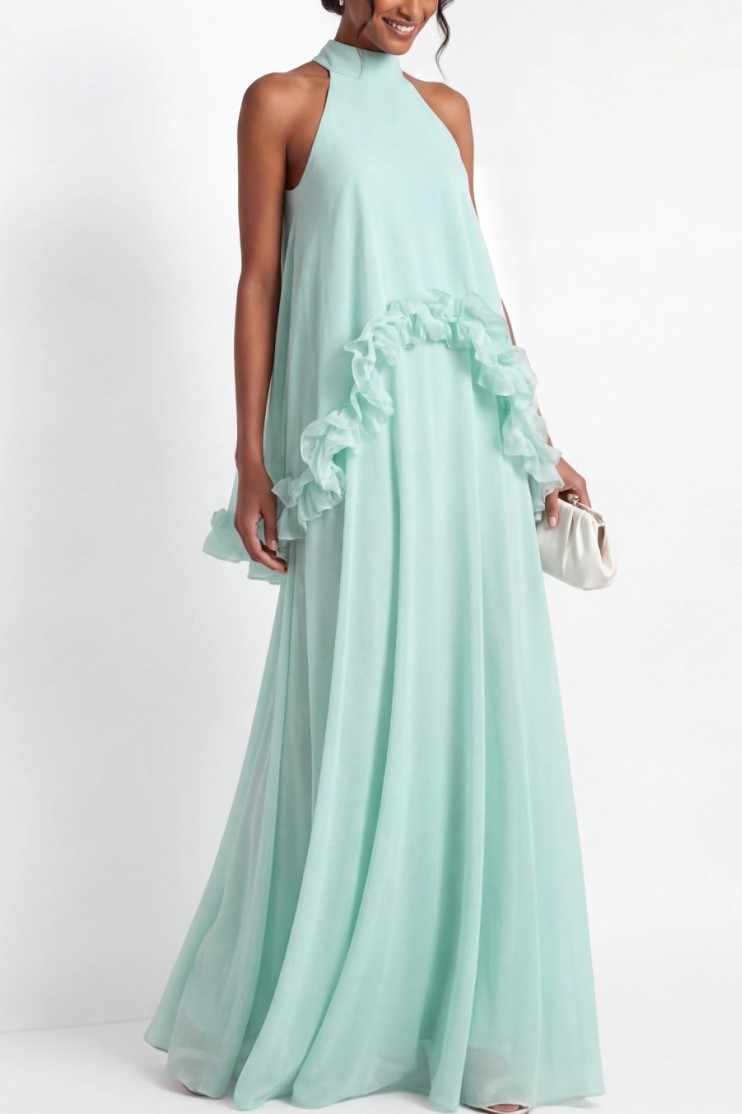Halter A-Line Chiffon Ruffled Maxi Dress