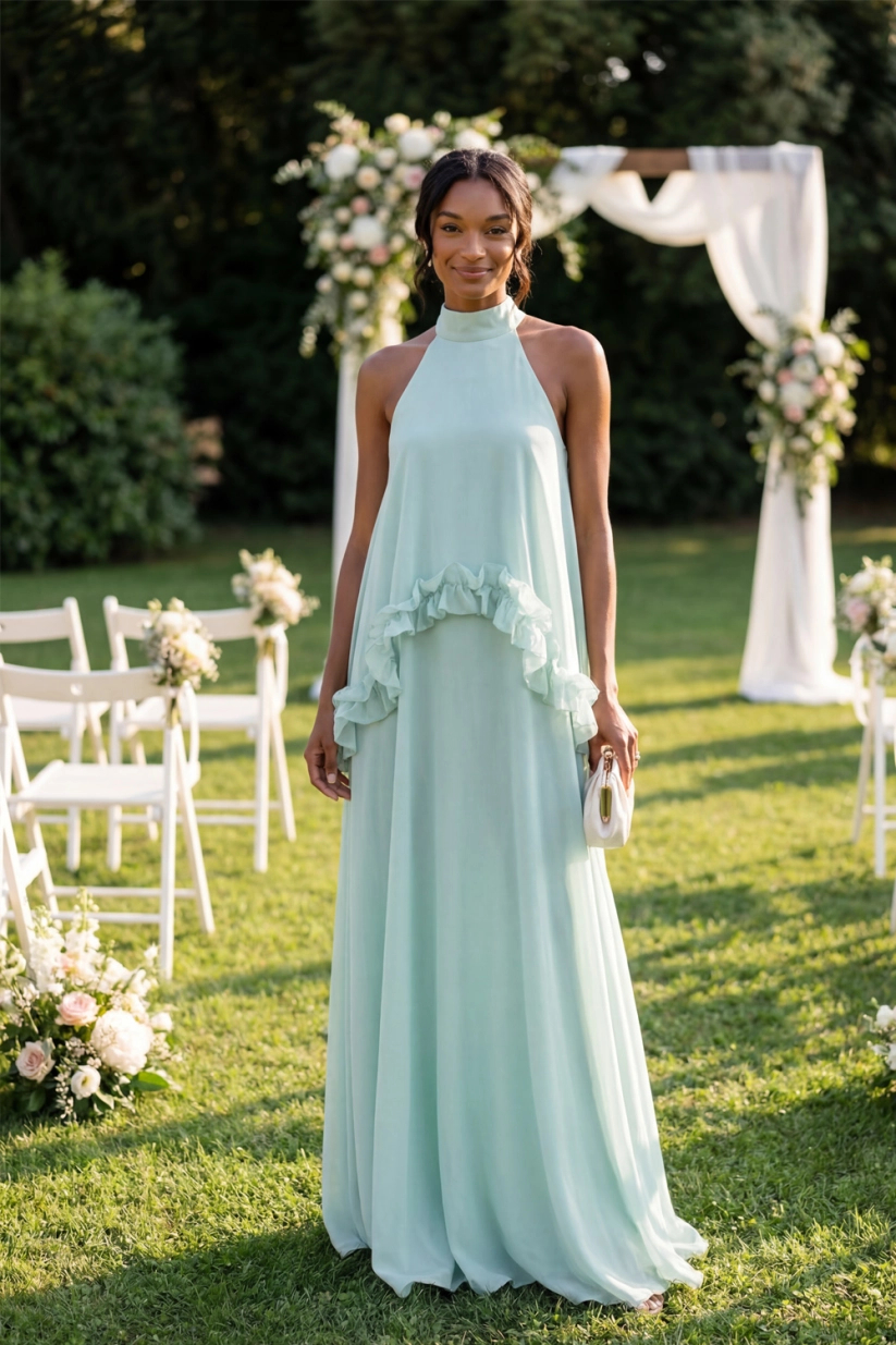 Halter A-Line Chiffon Ruffled Maxi Dress