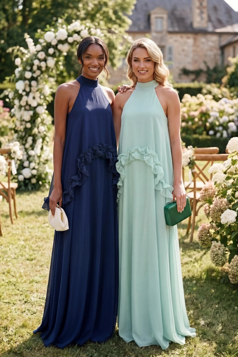 Halter A-Line Chiffon Ruffled Maxi Dress