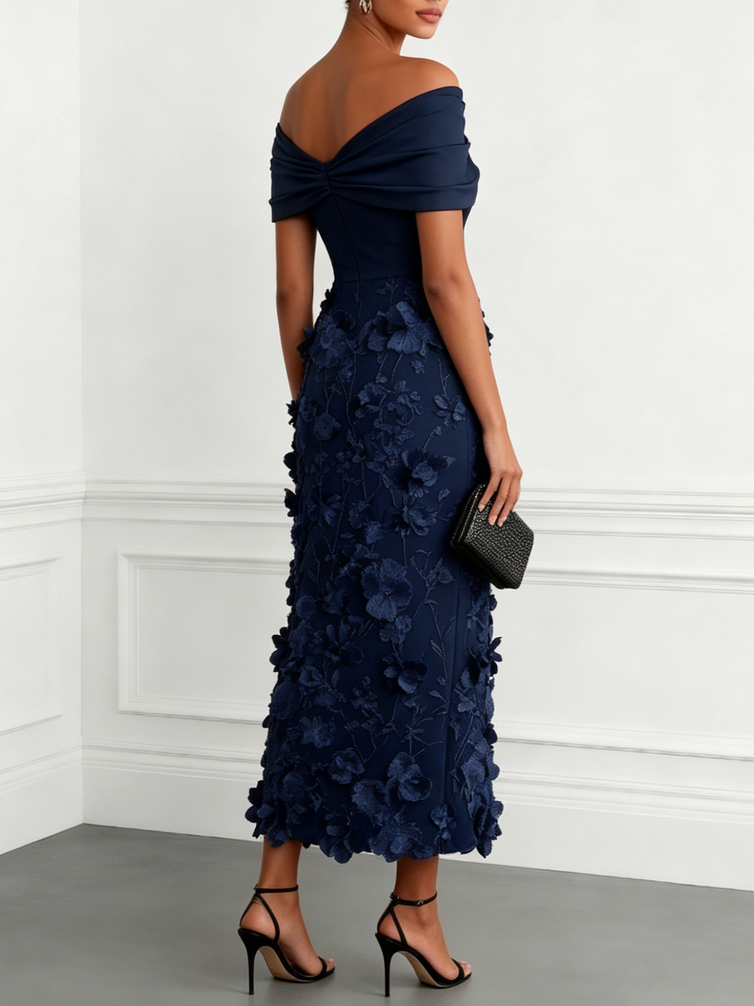 3D Floral Applique Classic Off The Shoulder Short Sleeve Sheath Midi Dress