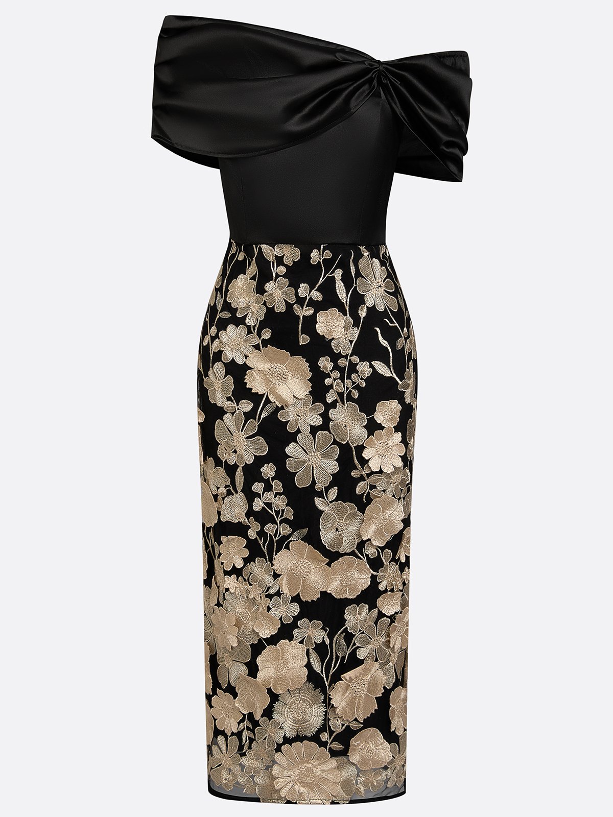 3D Floral Applique Classic Off The Shoulder Short Sleeve Sheath Midi Dress