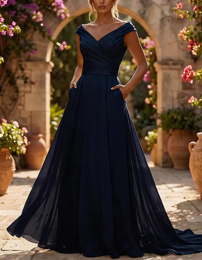Off-the-Shoulder Ruched Chiffon A-Line Maxi Dress