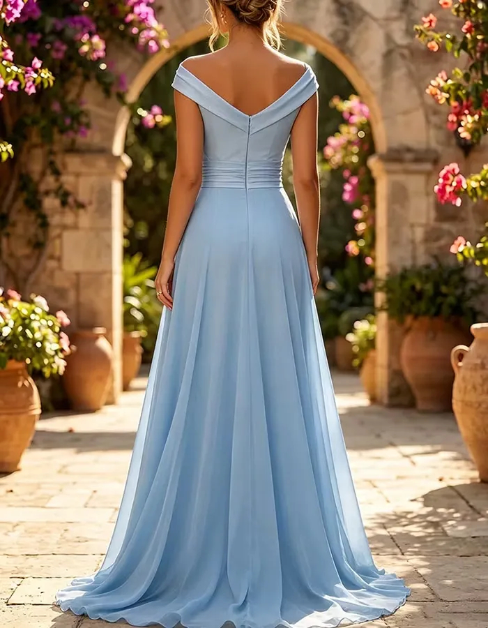 Off-the-Shoulder Ruched Chiffon A-Line Maxi Dress