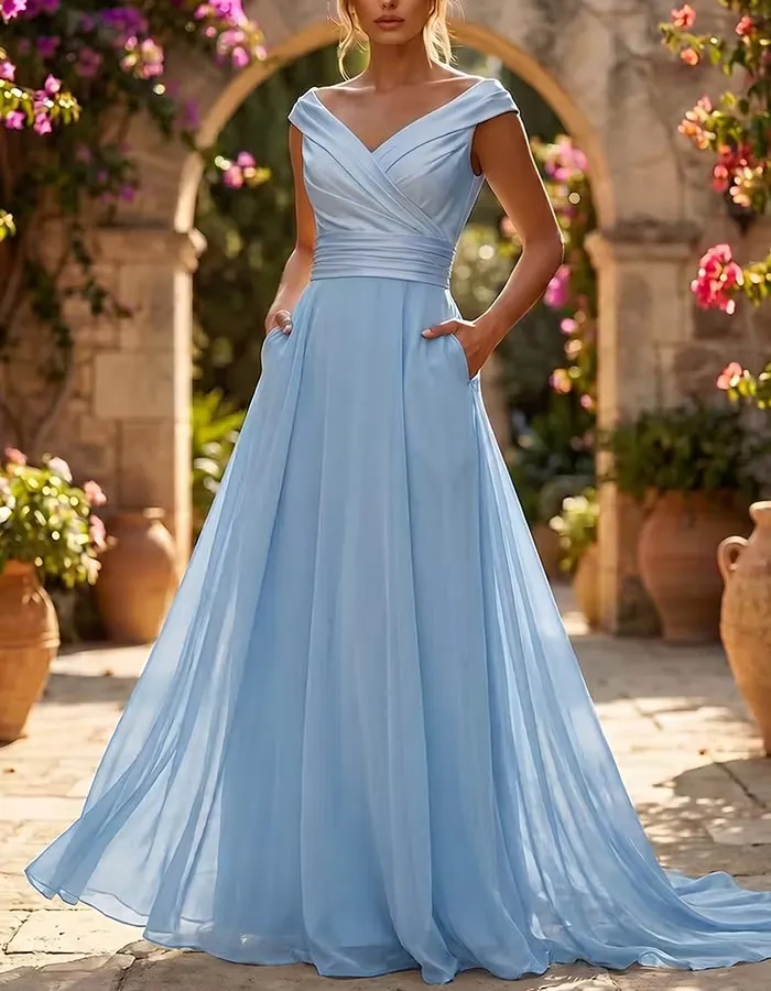 Off-the-Shoulder Ruched Chiffon A-Line Maxi Dress